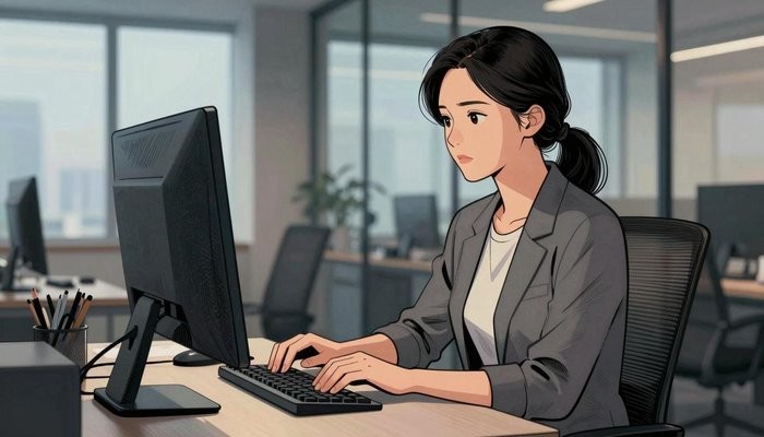 北京一位华裔女性坐在玻璃幕墙办公室的办公桌前,指尖轻触键盘看向屏幕
