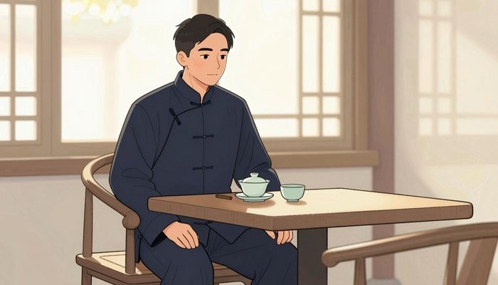 信任重建一位华裔男性坐在茶馆，双手放在桌上，面前茶具，对面是空座静静等待