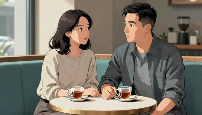 石家庄一对三十多岁的华裔夫妻并肩坐在暖色咖啡馆沙发上，女方的手靠近男方放在桌上的手