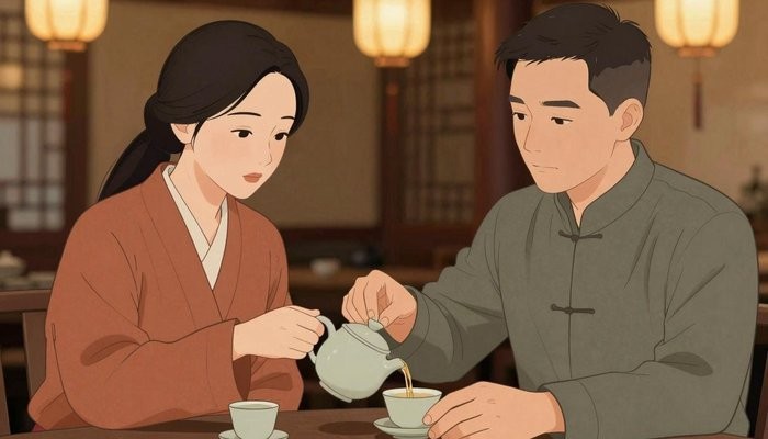 信任重建一男一女两位华裔隔着传统茶桌对坐，女方为男方杯中倒茶，神情温和而认真