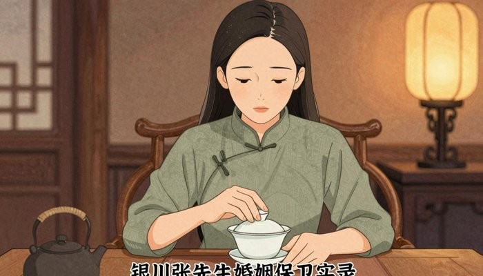 银川一位华裔女性坐在传统茶馆木桌旁,面前一杯盖碗茶,神情平静而疲惫
