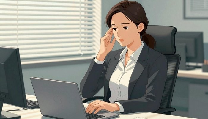 银川一位华裔女性身着职业装坐在办公桌前,身体后靠,一手轻按太阳穴