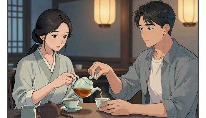 婚姻沟通一男一女两位华裔隔着传统茶桌对坐，女方为男方杯中倒茶，神情温和而认真