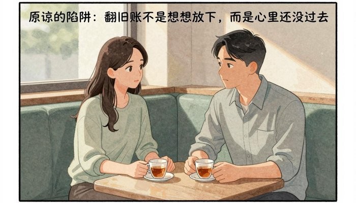 心理咨询一对三十多岁的华裔夫妻并肩坐在暖色咖啡馆沙发上，女方的手靠近男方放在桌上的手