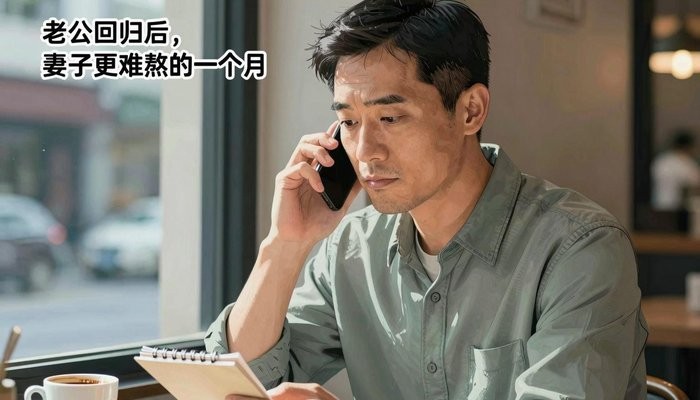 夫妻关系一位华裔男性坐在咖啡馆角落,手机贴耳,在小本子上记录
