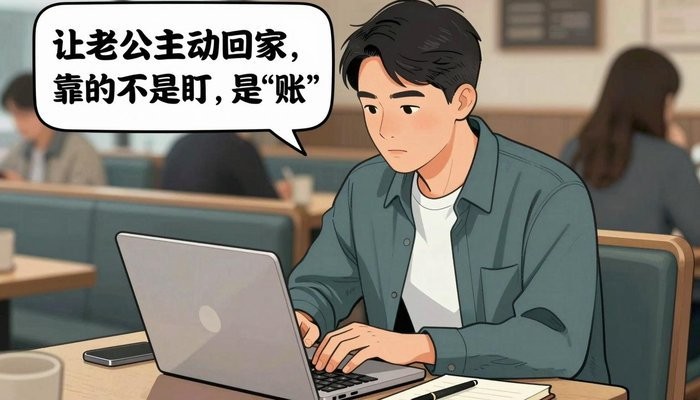 家庭系统一位华裔男性坐在咖啡店卡座,笔记本电脑打开专注看屏幕,旁边放笔记本和笔