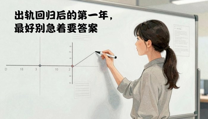 婚姻挽救机构一位华裔女性站在贴满笔记和时间线的白板旁,手持马克笔侧身面向白板