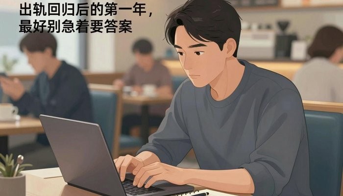 两性关系一位华裔男性坐在咖啡店卡座,笔记本电脑打开专注看屏幕,旁边放笔记本和笔
