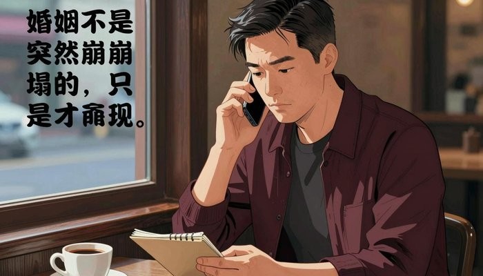 心理咨询一位华裔男性坐在咖啡馆角落，手机贴耳，在小本子上记录