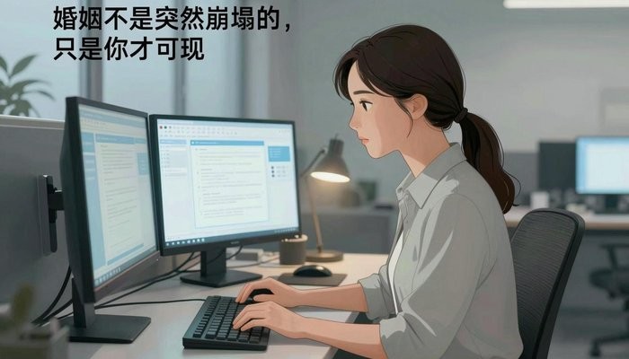 情感连接一位华裔女性在简洁现代办公工位，双屏发光，敲击键盘神情专注