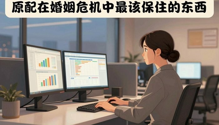 婚姻沟通一位华裔女性坐在开放式办公桌前,三台显示器显示数据图表,屏幕光映亮侧脸