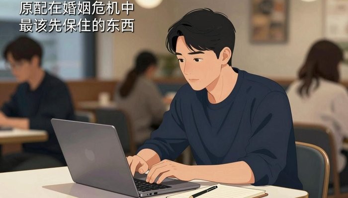 两性关系一位华裔男性坐在咖啡店卡座,笔记本电脑打开专注看屏幕,旁边放笔记本和笔