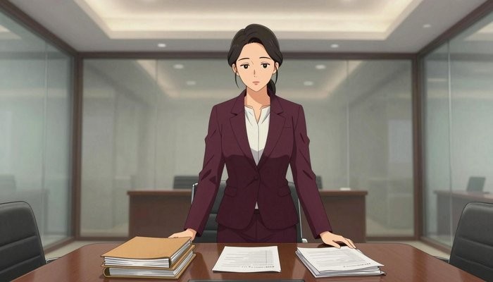 亲子关系一位华裔女性站在玻璃幕墙会议室桌首，双手按在一叠文件夹上低头看文件