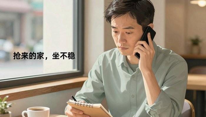 情绪表达一位华裔男性坐在咖啡馆角落，手机贴耳，在小本子上记录