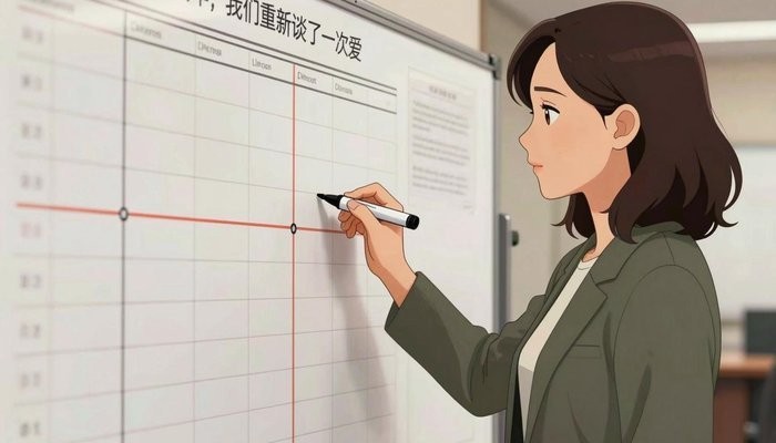 家庭系统一位华裔女性站在贴满笔记和时间线的白板旁,手持马克笔侧身面向白板