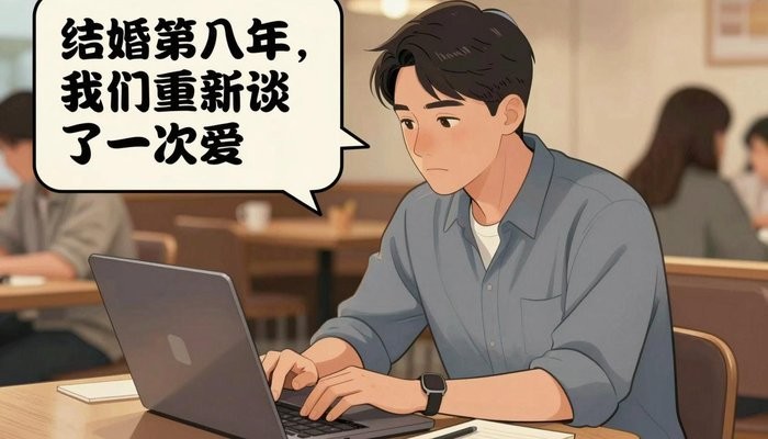 婚姻经营一位华裔男性坐在咖啡店卡座,笔记本电脑打开专注看屏幕,旁边放笔记本和笔