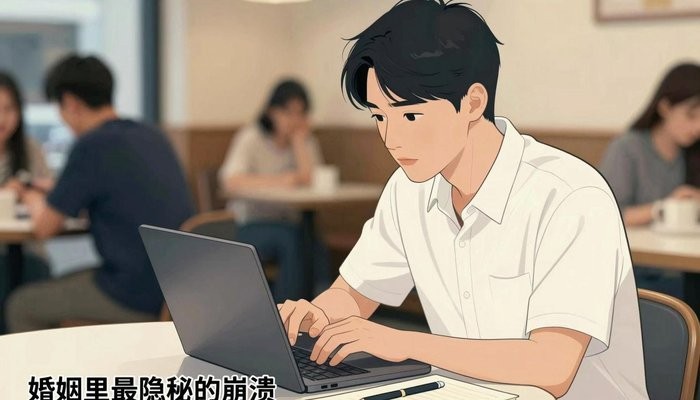 关系经营一位华裔男性坐在咖啡店卡座,笔记本电脑打开专注看屏幕,旁边放笔记本和笔