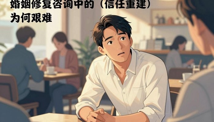 专业干预一位华裔男性坐在咖啡馆，身体前倾双肘撑膝，抬头望向画面外，神情恳切