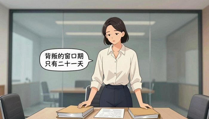 昆明一位华裔女性站在玻璃幕墙会议室桌首，双手按在一叠文件夹上低头看文件