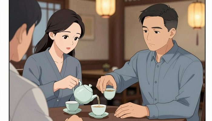 上海一男一女两位华裔隔着传统茶桌对坐，女方为男方杯中倒茶，神情温和而认真