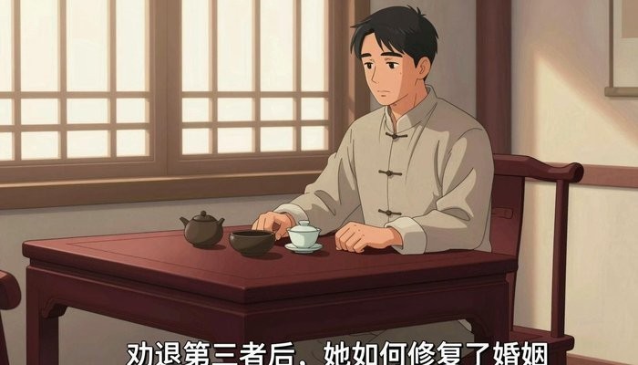 上海一位华裔男性坐在茶馆，双手放在桌上，面前茶具，对面是空座静静等待