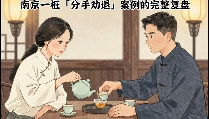 南京一男一女两位华裔隔着传统茶桌对坐,女方为男方杯中倒茶,神情温和而认真