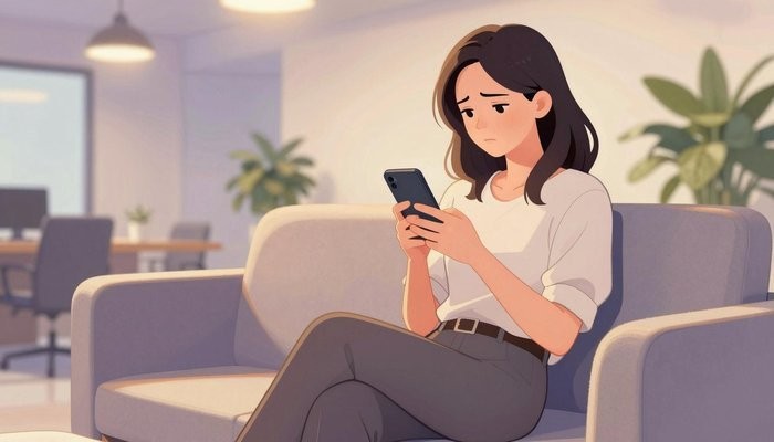 济南一位华裔女性坐在办公休息区沙发上，低头看手机，眉头微皱