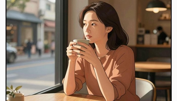 济南一位三十多岁的华裔女性独自坐在咖啡馆靠窗位置，双手握着陶瓷咖啡杯，望向窗外，神情若有所思