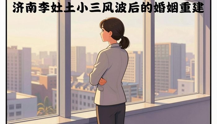 济南一位华裔女性站在高层办公室窗边，背对镜头微微侧身，双臂轻抱，望向城市天际线