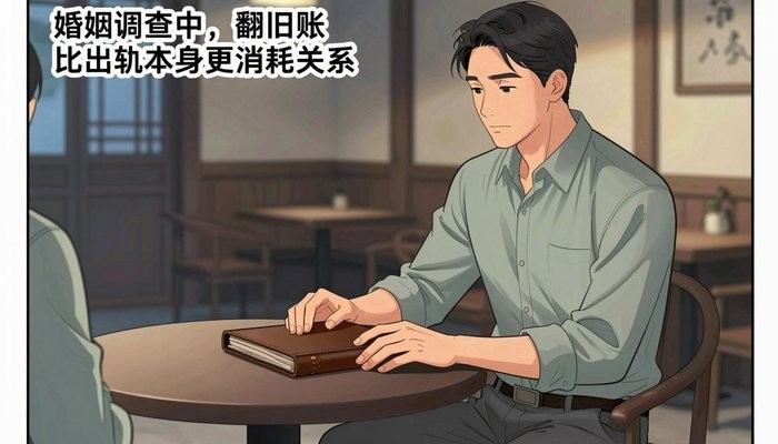 家庭系统一位华裔男性坐在茶馆包间,双手放在合起的皮质卷宗上,面对未出镜的同伴