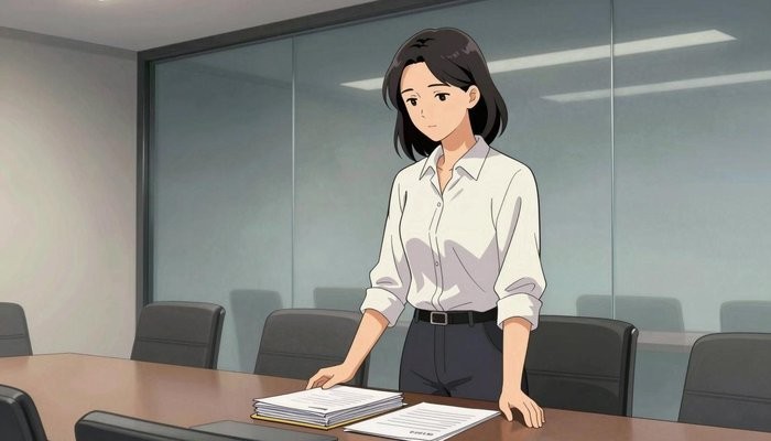 沟通技巧一位华裔女性站在玻璃幕墙会议室桌首，双手按在一叠文件夹上低头看文件