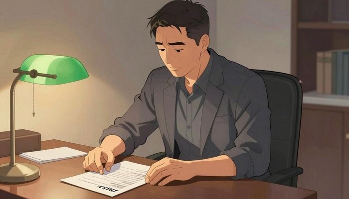 婚姻重建一位四十多岁的华裔男性坐在私人办公室，身体前倾双手按在堆满文件的桌上