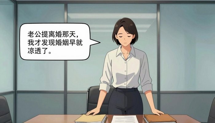 婚姻知识一位华裔女性站在玻璃幕墙会议室桌首，双手按在一叠文件夹上低头看文件