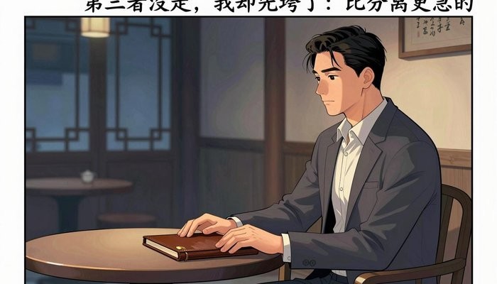 婚姻重建一位华裔男性坐在茶馆包间,双手放在合起的皮质卷宗上,面对未出镜的同伴