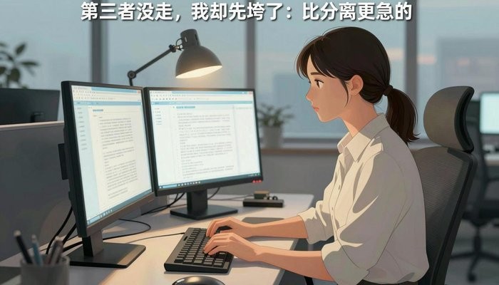 婚姻咨询一位华裔女性在简洁现代办公工位,双屏发光,敲击键盘神情专注