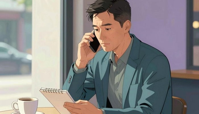 亲子关系一位华裔男性坐在咖啡馆角落,手机贴耳,在小本子上记录