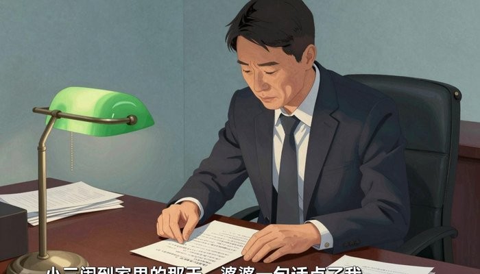 安全感一位四十多岁的华裔男性坐在私人办公室，身体前倾双手按在堆满文件的桌上