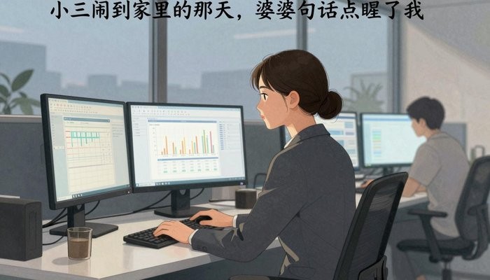 情绪表达一位华裔女性坐在开放式办公桌前，三台显示器显示数据图表，屏幕光映亮侧脸