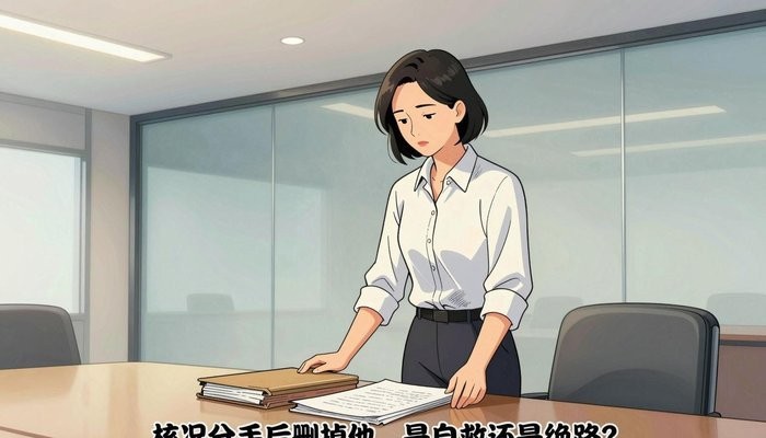 亲密关系一位华裔女性站在玻璃幕墙会议室桌首，双手按在一叠文件夹上低头看文件