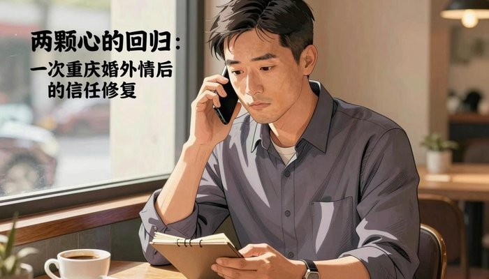 重庆一位华裔男性坐在咖啡馆角落，手机贴耳，在小本子上记录