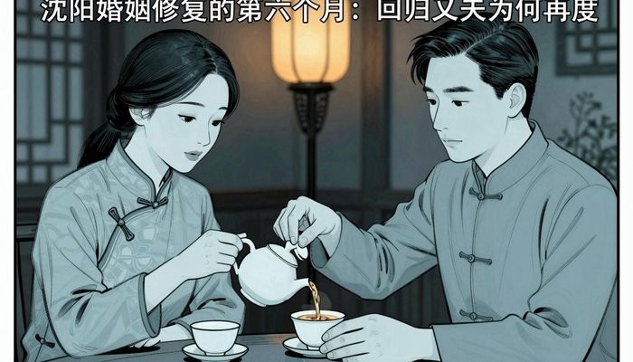 沈阳一男一女两位华裔隔着传统茶桌对坐,女方为男方杯中倒茶,神情温和而认真