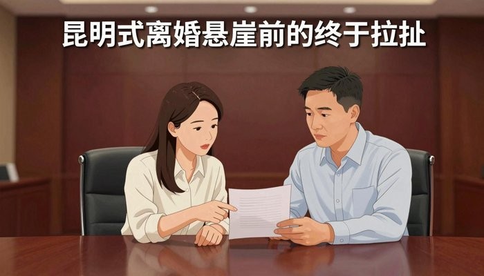 昆明一男一女两位华裔坐在会议桌相邻两侧，女方指着两人共同审阅的文件