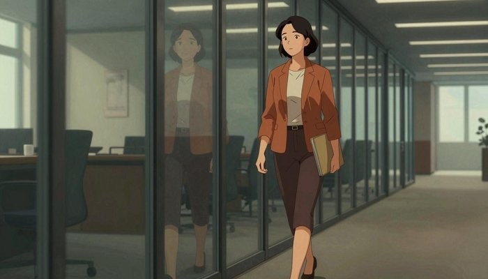 西安一位华裔女性沿玻璃幕墙办公走廊缓步行走,手拿文件夹,侧面视角