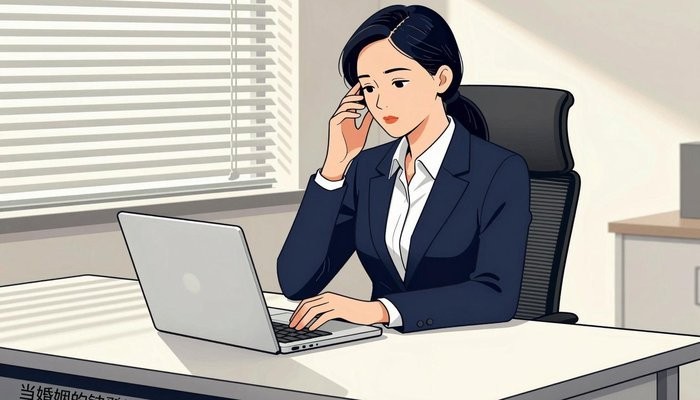 西安一位华裔女性身着职业装坐在办公桌前,身体后靠,一手轻按太阳穴