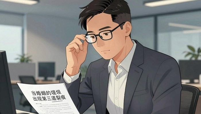 海口一位华裔男性站在办公站立式书桌前查看文件，一手扶眼镜