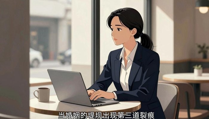 海口一位华裔女性身着职业装坐在咖啡馆桌旁，笔记本电脑打开但注意力在窗外景色