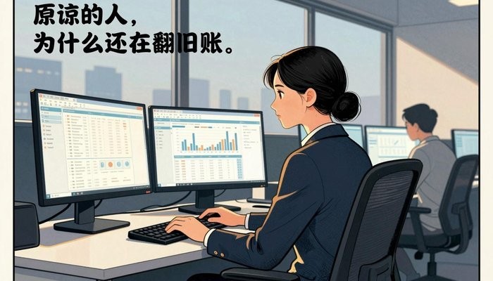 亲密关系一位华裔女性坐在开放式办公桌前,三台显示器显示数据图表,屏幕光映亮侧脸