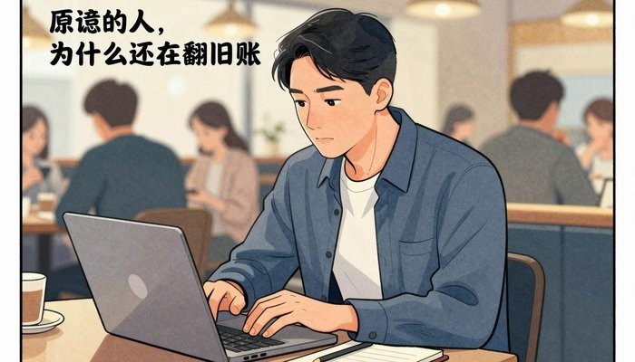 情绪表达一位华裔男性坐在咖啡店卡座,笔记本电脑打开专注看屏幕,旁边放笔记本和笔