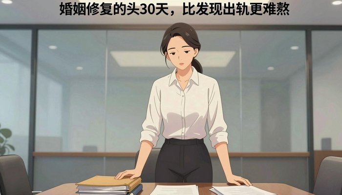 沟通技巧一位华裔女性站在玻璃幕墙会议室桌首，双手按在一叠文件夹上低头看文件