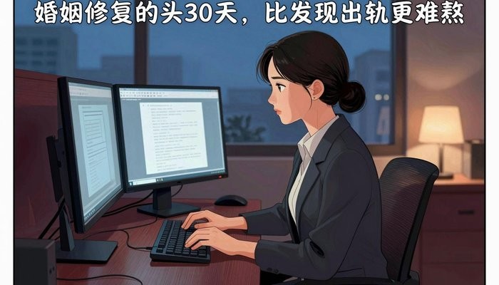 认知重构一位华裔女性在简洁现代办公工位，双屏发光，敲击键盘神情专注